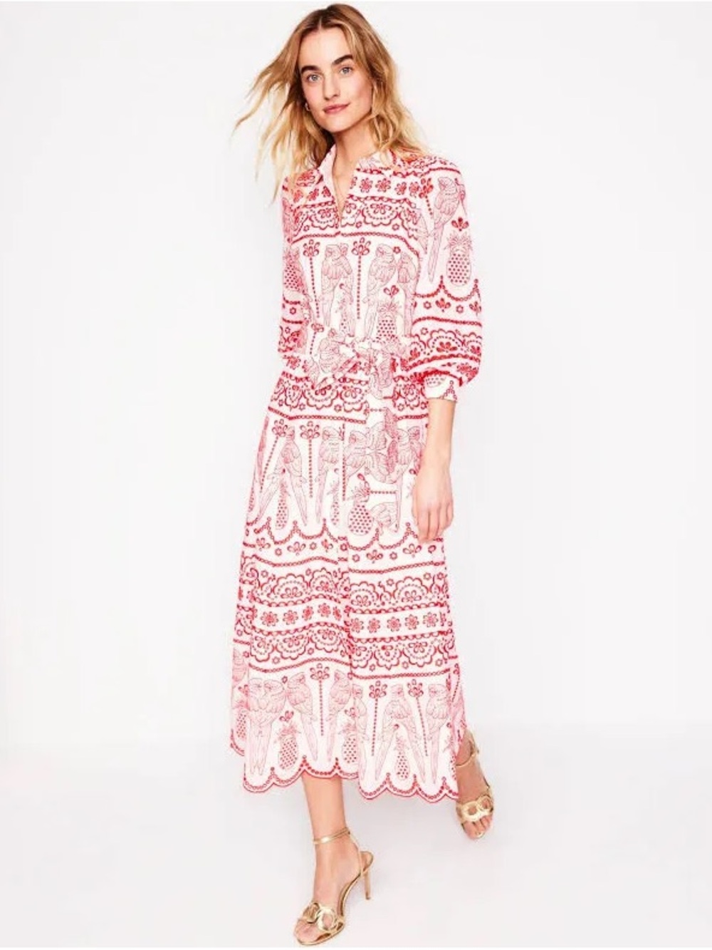 NEW Boden Clara Broderie White Dress with Red Embroidered Detail